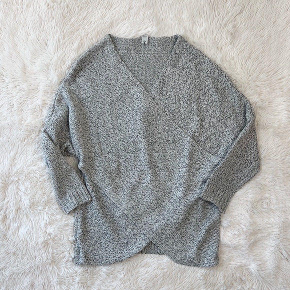 Chunky knit wrap front sweater marled grey v neck cross cross ballet cor… - Picture 3 of 15